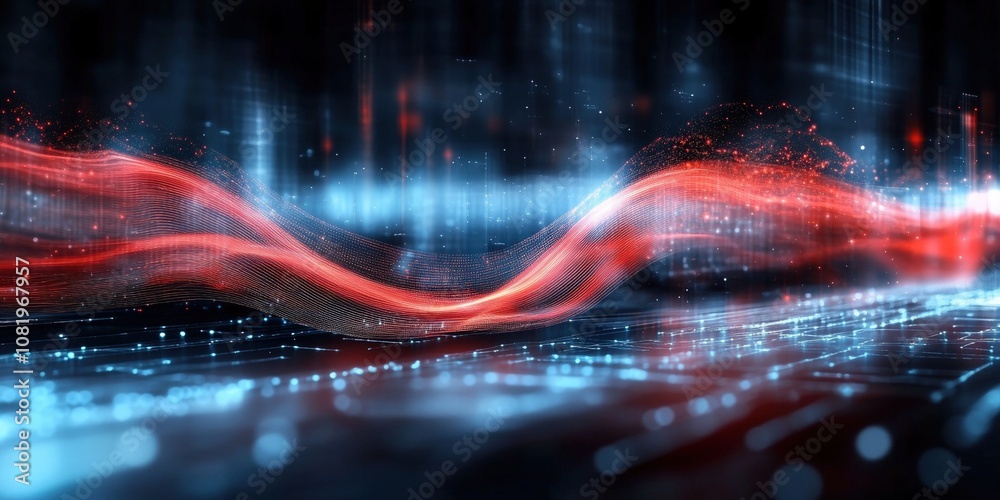 Poster abstract digital background with smooth flowing lines and colorful glowing particles creating a futu