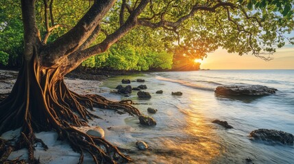 Serene Tropical Landscape at Sunset with Majestic Mangrove Tree Rooting Along the Shoreline Surrounded by Calm Waters and Vibrant Green Foliage