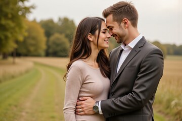 Fototapeta premium Romantic Couple in Love Embracing in Autumn Field Perfect for Wedding Invitations, Announcements, and Wall Art