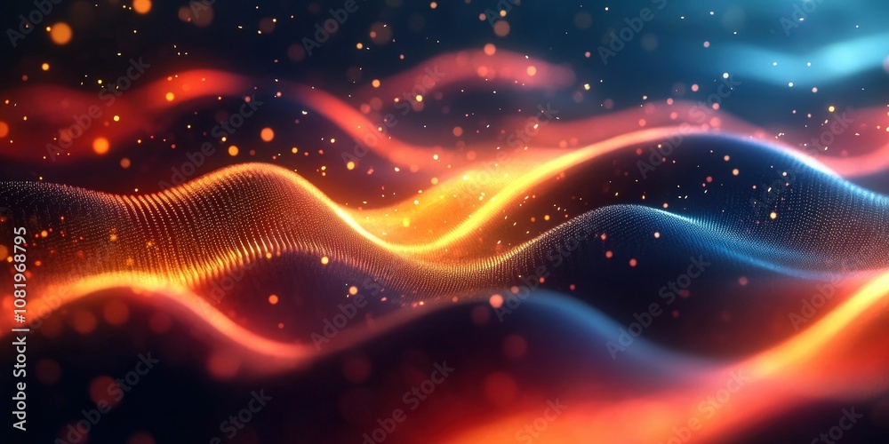 Poster abstract wavy patterns with glowing lights and particles creating a mesmerizing background in vibran