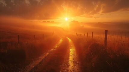 Sunrise over a peaceful rural countryside
