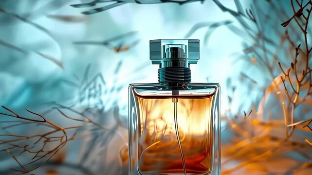 A decorative perfume bottle surrounded by stylized, abstract botanical elements in soft, blended colors.