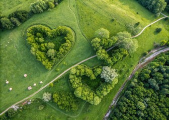 Vibrant Aerial Photography of Lush Green Heart Shapes Amidst a Natural Landscape Representing Love for Nature and Environmental Awareness