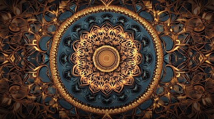 Obraz premium Intricate Golden Mandala Pattern on Blue. Arabian, Islamic Style Background for Design