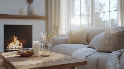 Cozy Living Room with Fireplace, Candle, and Dried Flowers on Coffee Table
