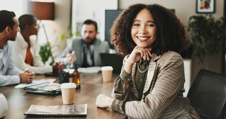 Meeting, portrait and smile of business woman in boardroom with colleagues for planning. Collaboration, corporate and face of happy African manager in professional workplace for career development