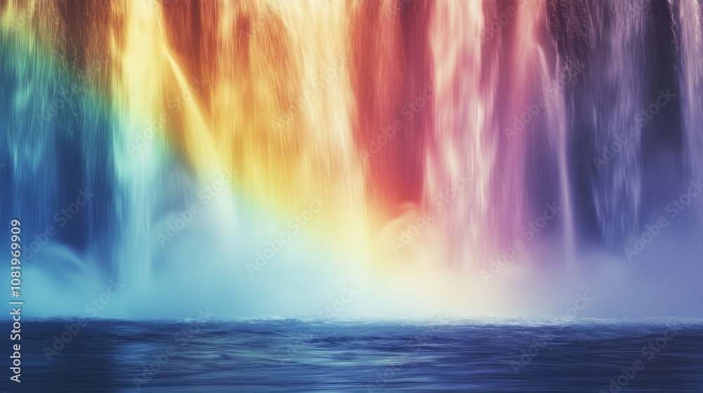 Poster majestic colorful waterfall displaying a vibrant rainbow spectrum amidst mist and splashes in a sere