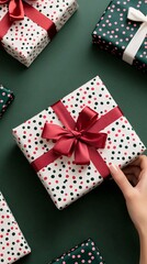Obraz premium Elegant Gift Box Wrapped in Colorful Polka Dot Paper with Red Bow, Ideal for Any Celebration or Special Occasion on a Deep Green Background