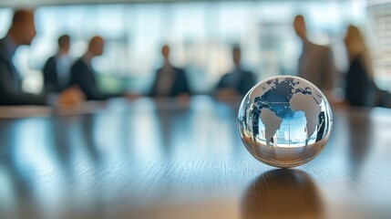 Glass globe showcasing the world on a wooden conference table with business professionals blurred in the background during a corporate meeting in a modern office environment