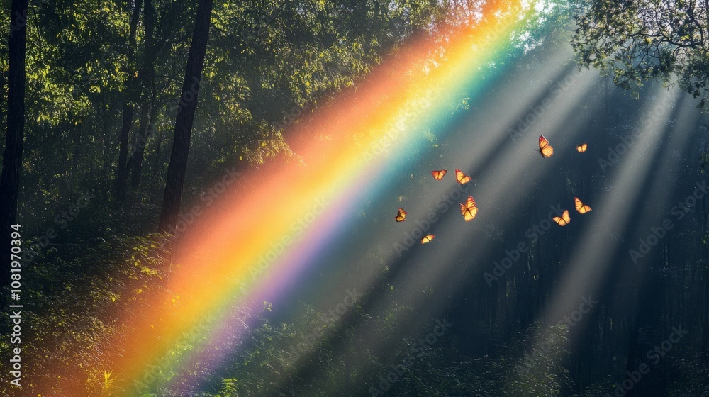 Aufkleber Beautiful Scene of Sunlight Shining Through Trees Creating a Rainbow with Butterflies in a Serene Forest Setting