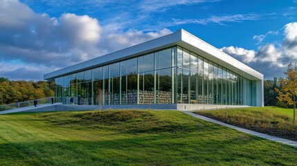 Fototapeta premium Modern Glass-Faced Library Building with Bookshelves Reflected in Windows