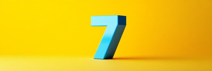 Blue 3D Number 7 on Yellow Background - Minimalist Graphic Design