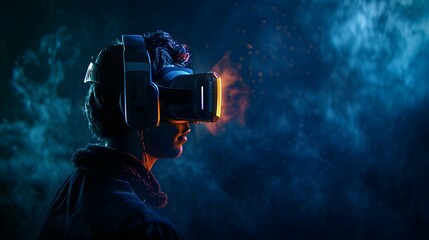 Portrait of amazed young man in a VR headset explores the metaverse's virtual space. Gaming and futuristic entertainment concept