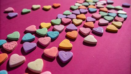 Vibrant Display of Multicolored Hearts on a Striking Magenta Background for Romantic or Celebratory Themes