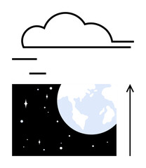 Cloud hovering above Earth against a starry backdrop with upward arrow. Ideal for innovation, progress, technology, exploration, nature, futurism, curiosity. Line metaphor