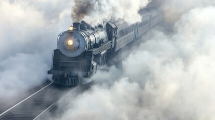 Steam Locomotive Train Moving Through Dense Smoke