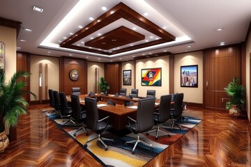 Modern Conference Room with Luxurious Wood Finish, Stylish Seating, Elegant Lighting, and Distinctive Artwork in a Corporate Office Environment