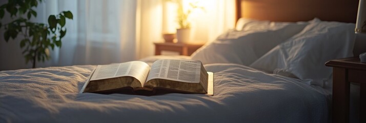 Open Bible on a Bed with Morning Light