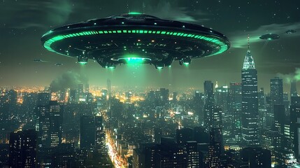 Futuristic UFO Hovering Over a City at Night.
