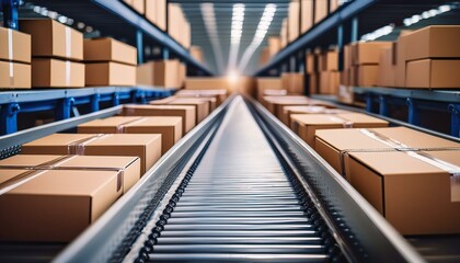 Fototapeta premium Closeup of multiple cardboard box packages seamlessly moving along a conveyor belt in a ware - black friday in the warehouse