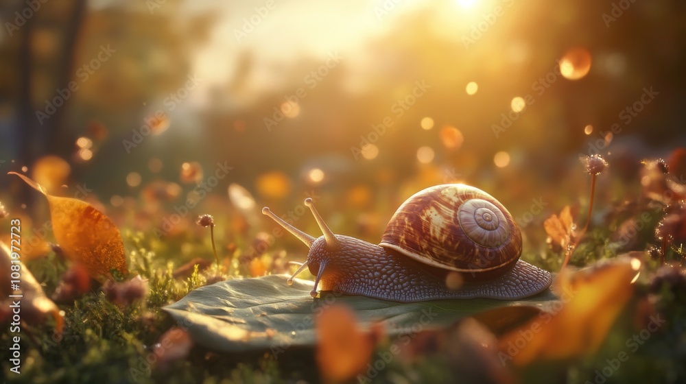 Poster A Beautiful Snail Crawling on a Leaf Surrounded by Colorful Autumn Leaves in a Softly Lit Forest Setting at Sunset with Gentle Bokeh Effects