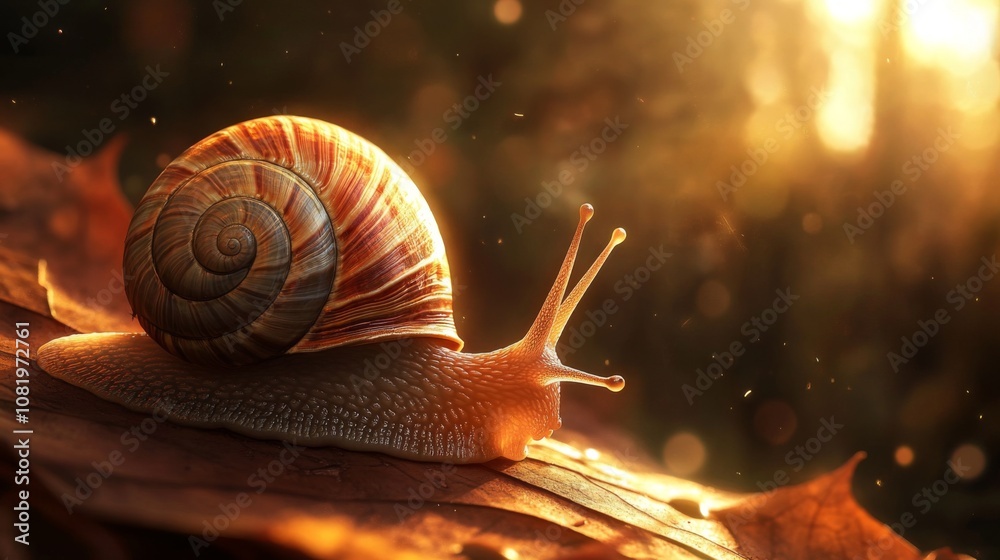 Aufkleber Close-Up of a Beautiful Snail with Colorful Shell on a Rustic Leaf in a Forest Setting with Soft Light and Natural Background