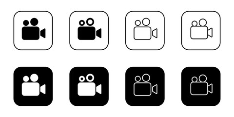 Video camera icon set on black square. Film, movie sign symbol