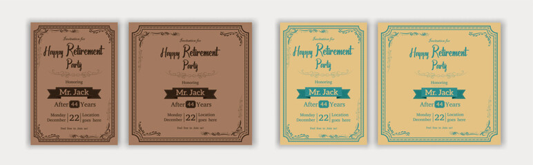 Retirement poster design flyer brochure social media post design old elder citizen royal traditional happy beach fun element vector posh decoration anniversary celebration dark senior invite job eps.