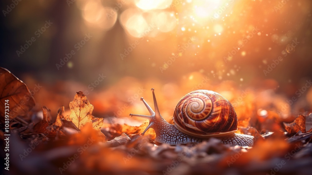 Poster A Beautiful Snail Crawling on Colorful Autumn Leaves Surrounded by Soft Bokeh Light in a Serene Natural Environment Captured in Warm Tones
