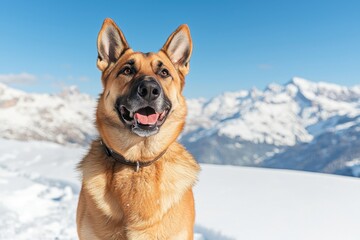 Naklejka premium Pet in snowy mountain landscape concept. A happy dog stands in a snowy landscape, with mountains in the background, showcasing a bright blue sky