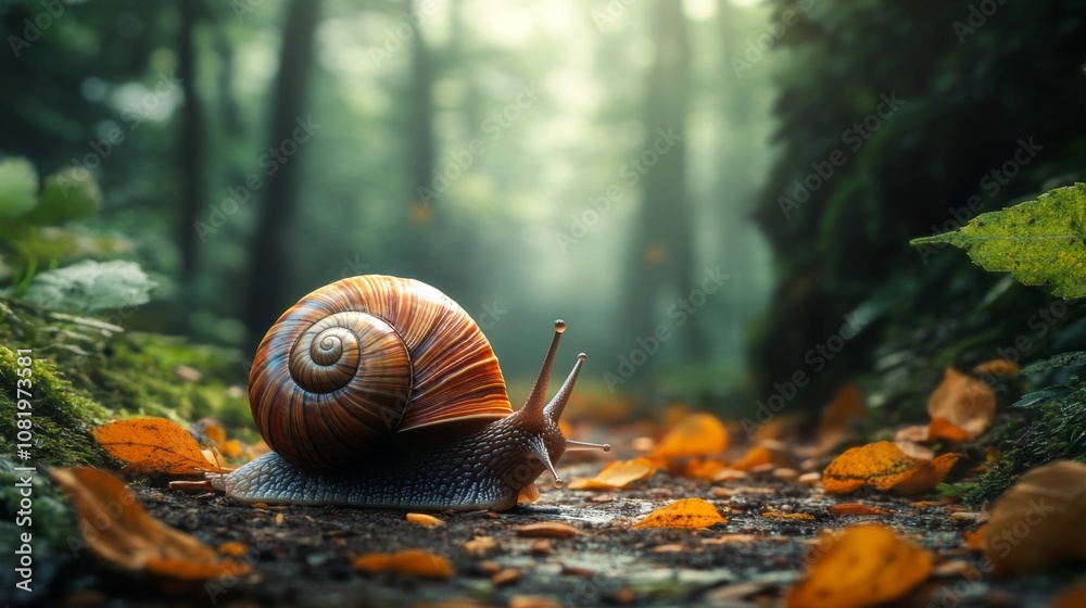 Poster Close-Up Image of a Snail on a Pathway Surrounded by Autumn Leaves and Greenery in a Forest Environment with Soft Natural Light Filtering Through Trees