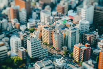 Aerial view of a cityscape with a tilt-shift effect making skyscrapers and streets look miniature, evoking a whimsical and artistic feel. 