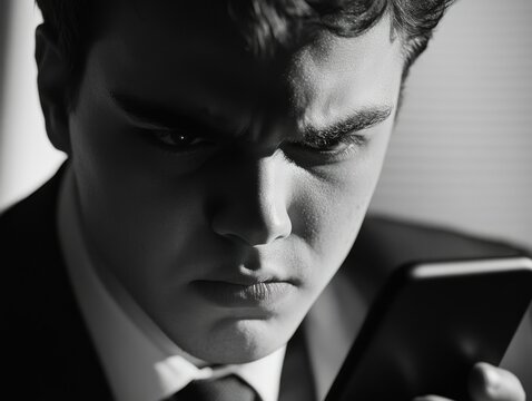 Intense Focus: Young Man in a Suit, Engrossed in His Phone