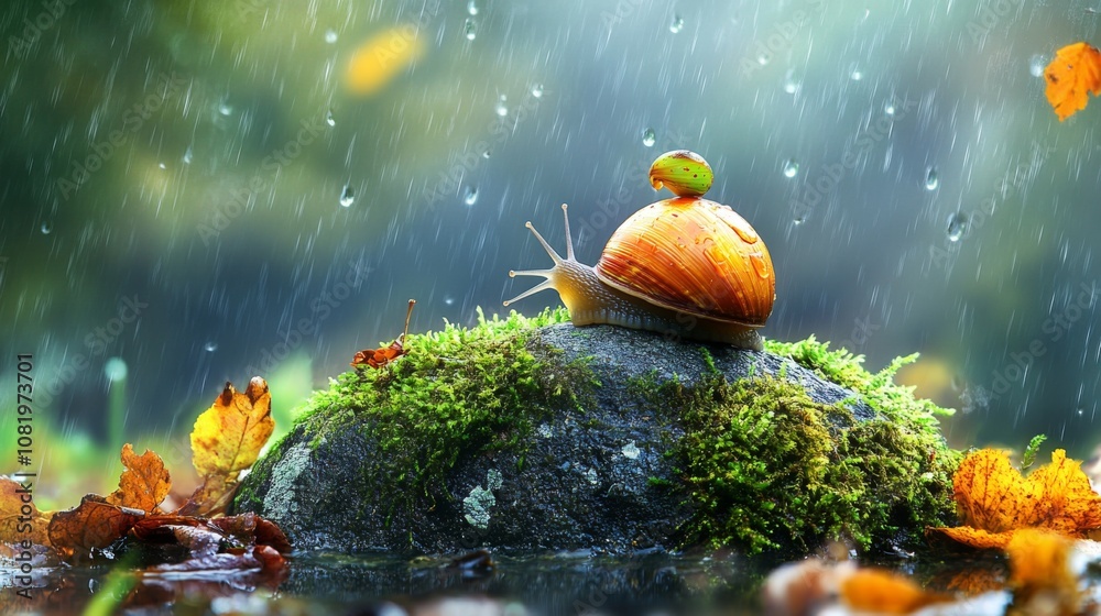 Poster Charming Scene of a Snail with a Leaf Balancing on Its Shell in a Rainy Forest Setting Surrounded by Glowing Moss and Autumn Leaves