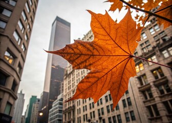 Obraz premium Vibrant Orange Autumn Leaf with Delicate Veins Ideal for Fall Designs and Seasonal Nature-Themed Products in Urban Exploration Photography