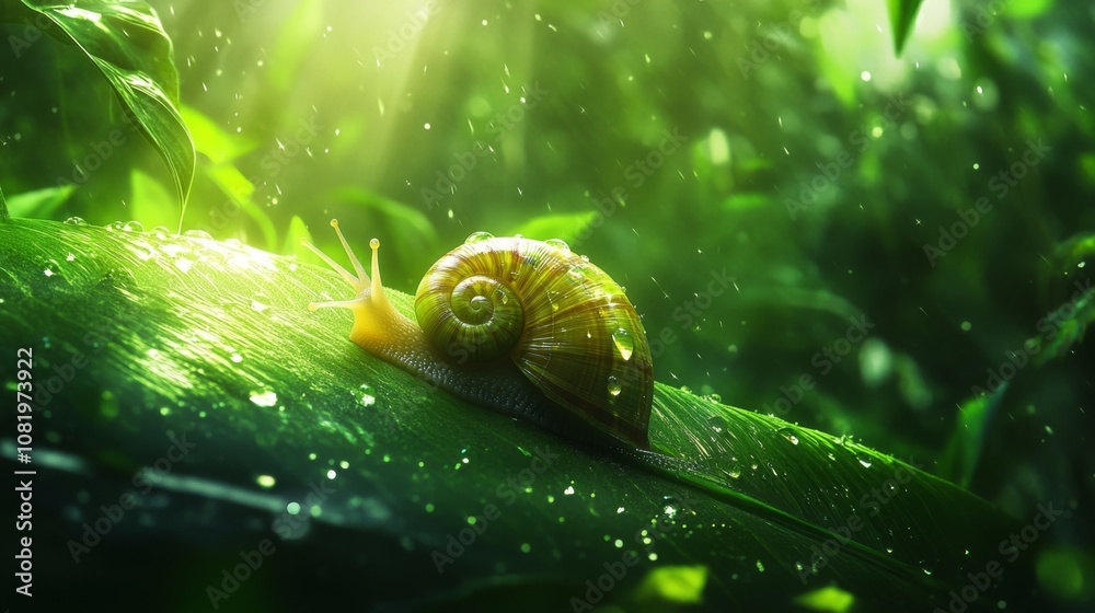 Aufkleber Close-up of a Snail on a Leaf Surrounded by Lush Greenery in a Serene Forest Environment with Soft Light and Dew Drops for Nature Lovers