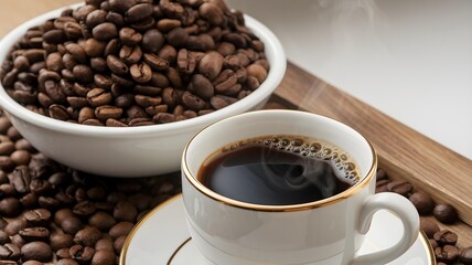 Hot cup of coffee with coffee beans 