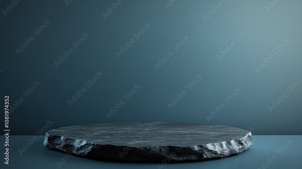Poster minimalist dark slate round platform on smooth surface for display with subtle lighting and calm bac