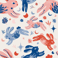 Folk Art Animal Seamless Pattern