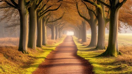 Obraz premium A Misty Path Through a Line of Trees in Autumn