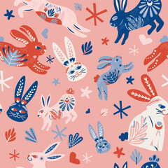 Folk Art Animal Seamless Pattern