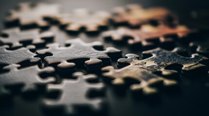 Close-Up View of Interlocking Puzzle Pieces on a Dark Surface Highlighting Texture, Color Variations, and Light Reflections Creating a Mysterious Atmosphere