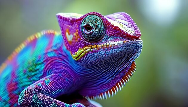 Vivid Chameleon Portrait Close-up of a Colorful Reptile on a Natural, Blurred Background