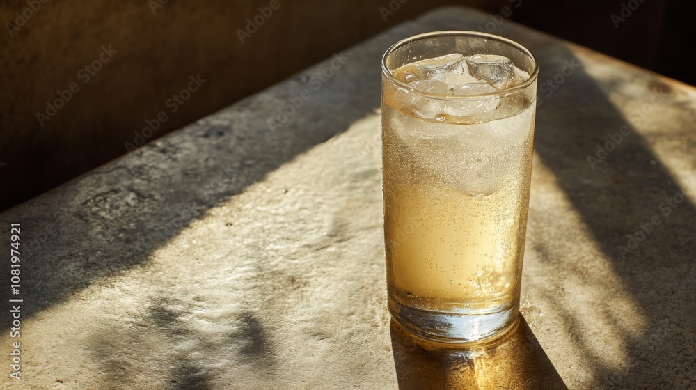 Poster Refreshing Glass of Cold Drink with Ice on Rustic Table Bathed in Soft Natural Light, Perfect for Summer Vibes and Relaxation Moments Captured in Beautiful Detail