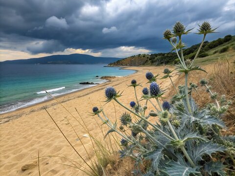 Vibrant Sea Holly Blooms on a Sandy Beach in Greece: Captivating Landscape Photography of Eryngium in a Natural Coastal Setting Under the Bright Mediterranean Sun