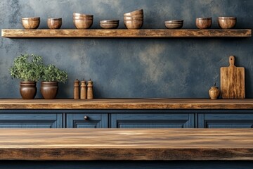 Naklejka premium A nice tidy kitchen with a wooden kitchen counter and white walls