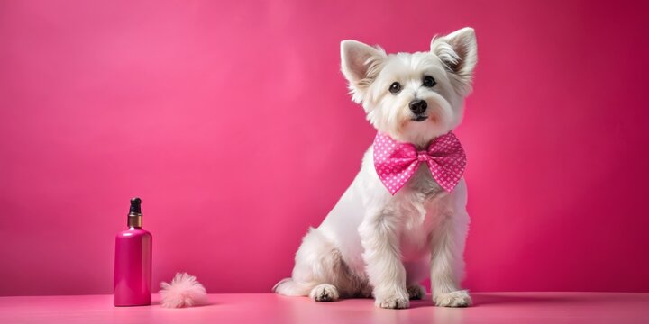 A Charming White Dog in a Pink Bandana Poses with a Pink Bottle on a Vibrant Pink Background, Exuding Elegance and Cuteness in a Modern Aesthetic