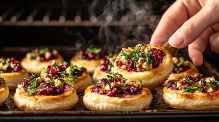 Freshly Baked Delicacies with Berry Topping and Herbs Being Handled in a Warm Oven, Perfect for Entertaining Guests or Special Occasions