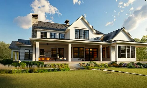 Modern farmhouse with a contemporary facade and wrap-around porch, set against a backdrop of rolling meadows and distant hills