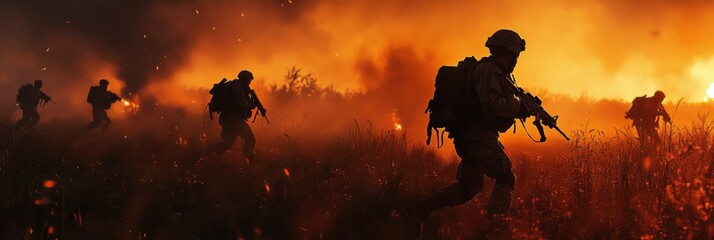 Silhouettes of Soldiers in a Fiery Battlefield